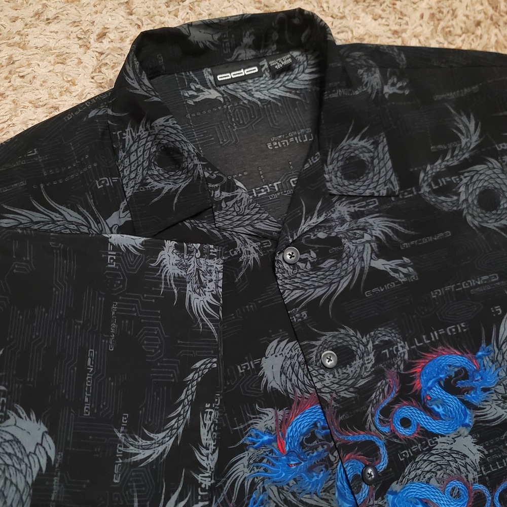 ODO Dragon Print Shirt Mens‎ XXL Black Blue Cyber Y2K Circuit Board Button Down